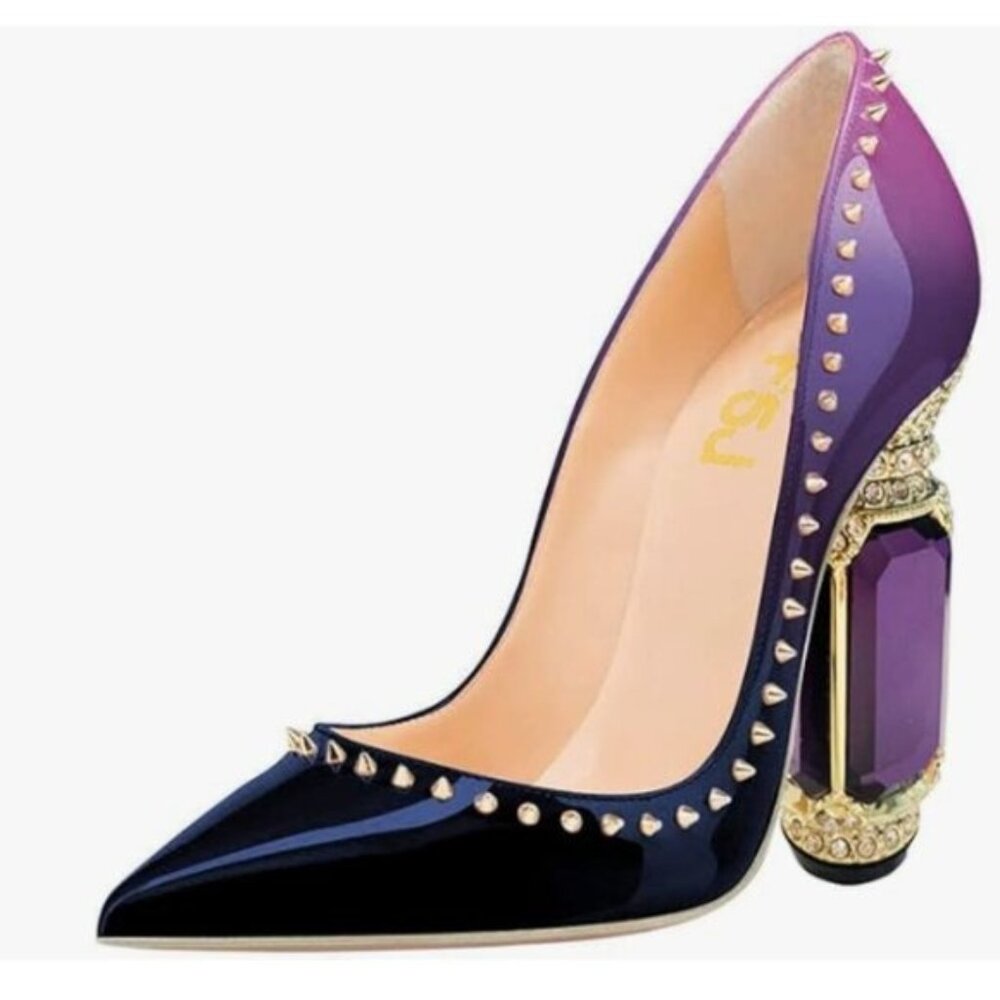 FSJ Purple Gradient Pointed Toe Chunky High Heel Crystal Slip on Wedding Pumps